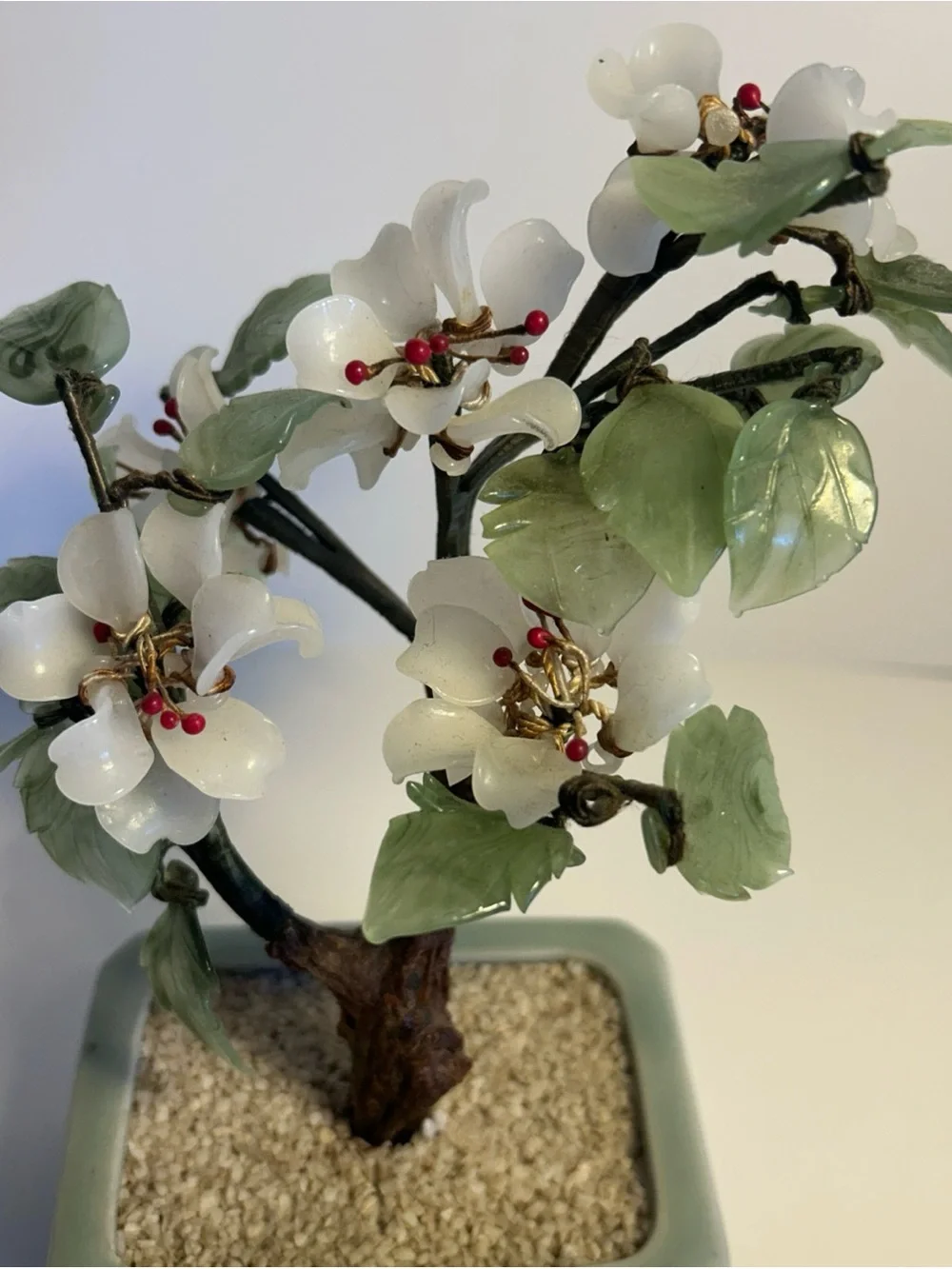 White Jade Blossom Bonsai in Pale Green Planter - Brand Unknown